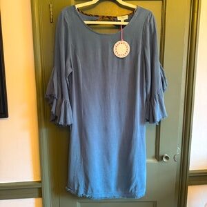 Umgee Blue Long Sleeve Dress with Leopard back NWT